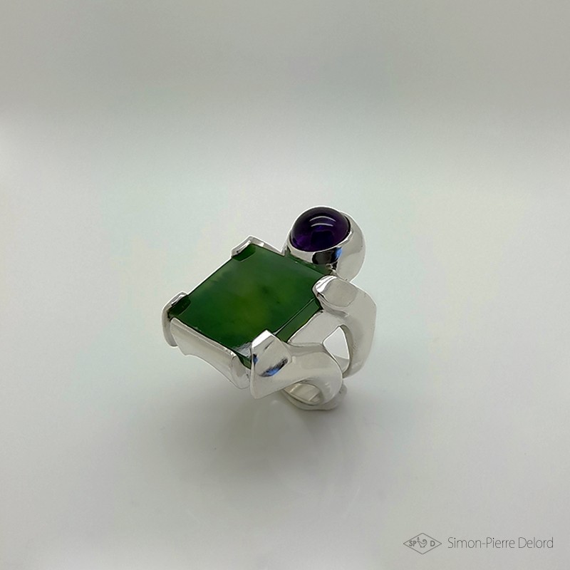 Jewelery creation: Ring "Water Lily", Arts and Crafts Jeweler, Jade and Amethyst. Lost wax. Jeweler designer