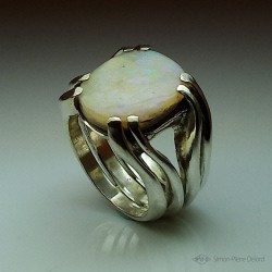 "Opalescence", Argentium and Australian Opal Ring, High Jewelry. Perspective View
