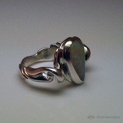 "Hope's Drop", Argentium and Australian Opal Ring, High Jewelry. Perspective View