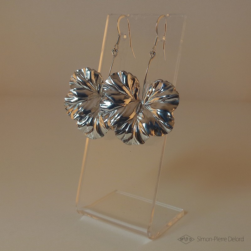 Earrings "Geranium Leaves", Craftsman of Art Jeweler, Silver 925. Embossed silver technique from the XIXth century