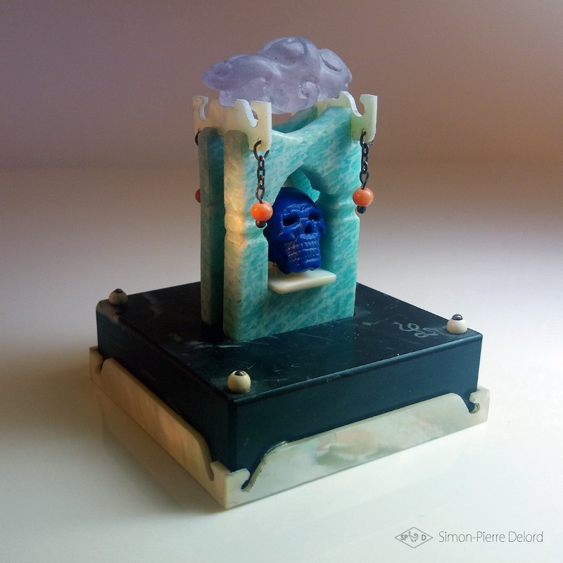 "Memento Mori" Lapis Lazuli, Amazonite, Mother of Pearl, Coral and Amethyst. Right perspective view
