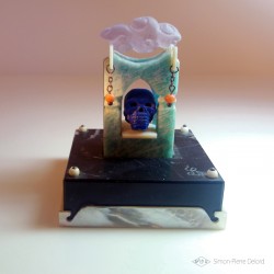 "Memento Mori" Lapis Lazuli, Amazonite, Mother of Pearl, Coral and Amethyst. Front view