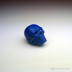 "Memento Mori" Carved Lapis Lazuli skull. Right perspective view