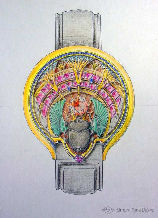 Dessin et Gouaché d'une montre de Haute Joaillerie sur le thème de l'Egypte Antique