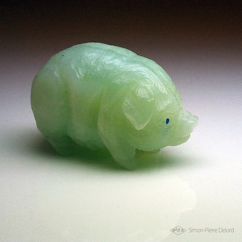 Unique Sculpture in Jade and Amber: "The Pig of Prosperity"