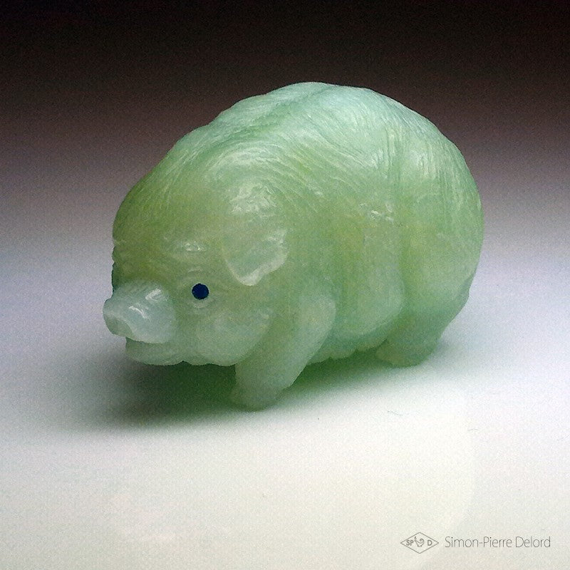 Unique Sculpture in Jade and Amber: "The Pig of Prosperity"