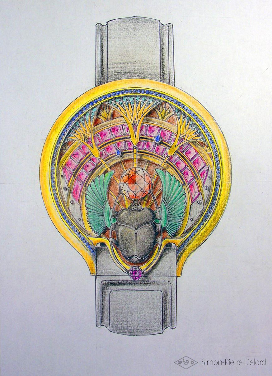Artisan d'Art | Dessin et Gouaché d'une montre sur le thème de l'Egypte (Scarabée et Soleil)